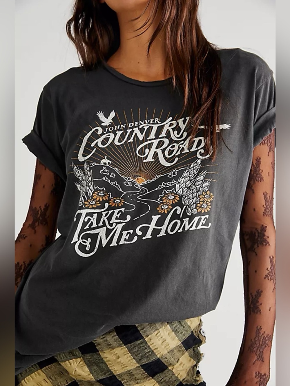 Midnight Rider x Free People John Denver Country Roads Graphic Tee Charcoal Sz L